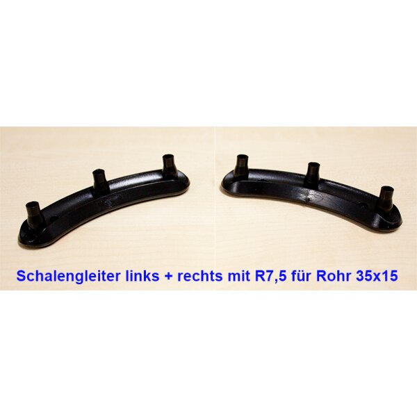 Bogengleiter 200-7,5 Stuhlgleiter hinten mit 3 Zapfen für Schülerstuhl mit gebogene ovale Rohre 35x15mm