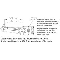Zeichnung Fahrrad Kettenschutz Easy Line für maximal 38 Zähne mit Fahrradrahmen-Ausschnitt und Halterung / Steckbrille.

Länge: von Tretlager-Mitte bis zum hinteren Ende - waagerecht gemessen - ca. 393 mm. Größe Befestigungsmaß: 180 mm.

Bitte prüfen Sie das Maß der senkrechten Halterung am Fahrrad. Für diesen Kettenschutz muss das Maß 180 mm betragen.